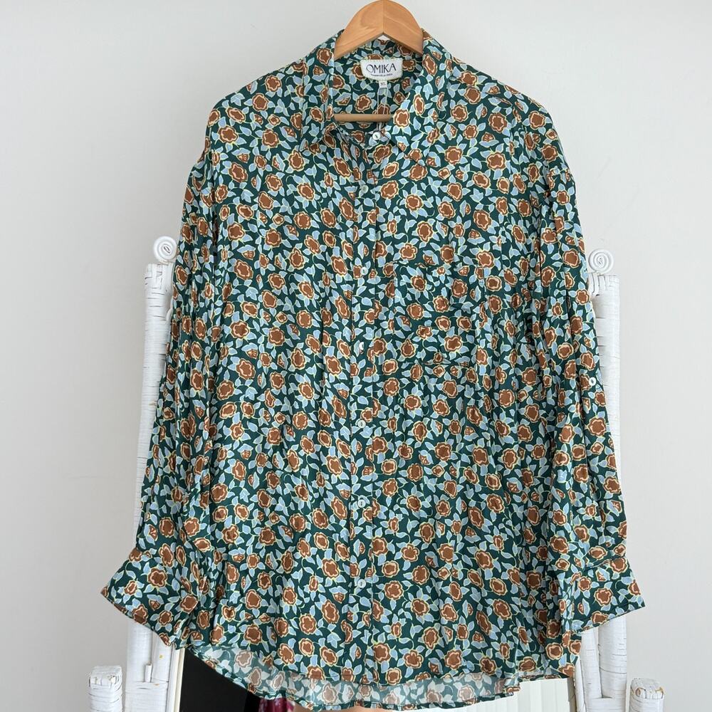 OMIKA Handmade Blouse Women XL Floral Indian Block Print Mod Boho Button Shirt